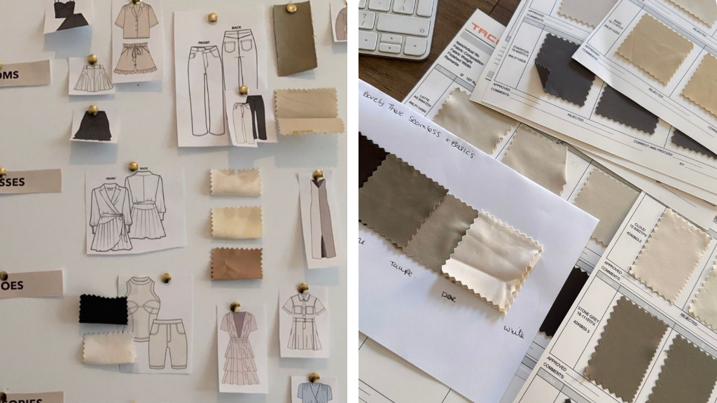 capa mostrando amostras de tecidos e croquis de moda